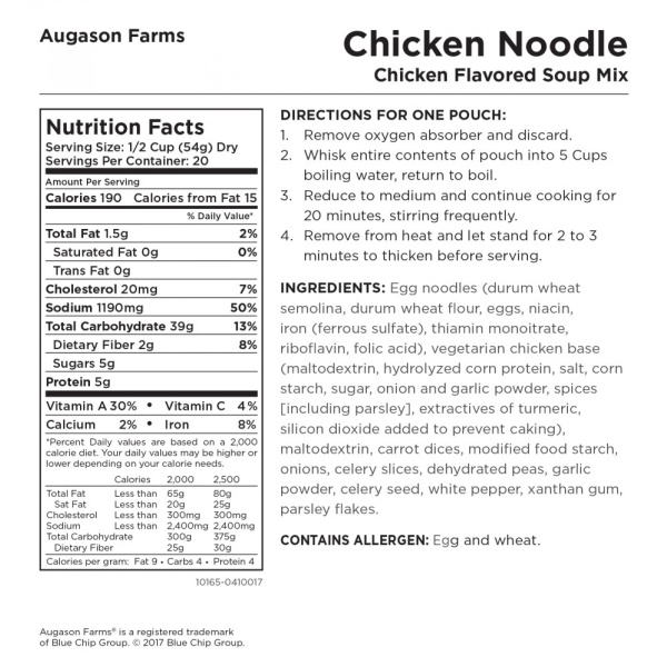 Augason Farms Chicken Noodle Soup Super #10 Can 20 Servings - (SHIPS IN 1-2 WEEKS) nutrition label.