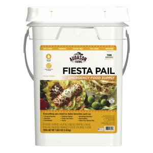 A bucket of Augason Farms Fiesta Pail 132 Servings 4 Gallon Bucket - (SHIPS IN 1-2 WEEKS) on a white background.