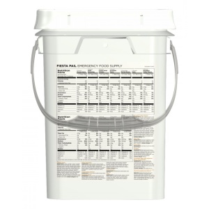 A white Augason Farms Fiesta Pail 132 Servings 4 Gallon Bucket with a label on it.
