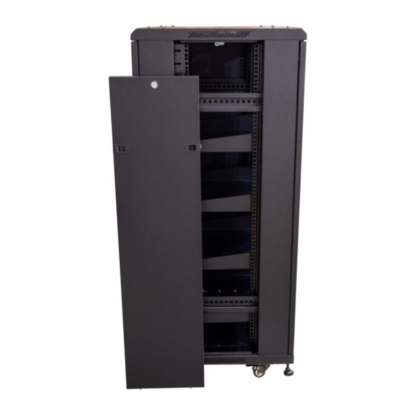 A black cabinet with multiple compartments designed for Humless 5 kWh Batteries.