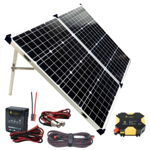 A Lion Energy Beginner DIY Solar Power Kit with a battery and other accessories.