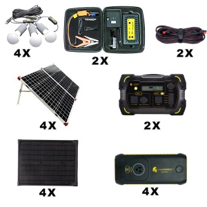 A Lion Energy Disaster Prep Kit, which includes solar panels, batteries, and chargers.