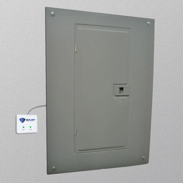 A gray wall plate with an EMP Shield Whole Home EMP, Solar Flare & Lightning Protection CME Defense (SP-120-240-RL / Concealed Model) attached to it.