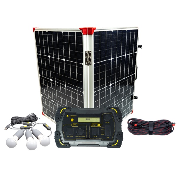 A Lion Energy Off Grid Camping Package with a remote control and batteries.