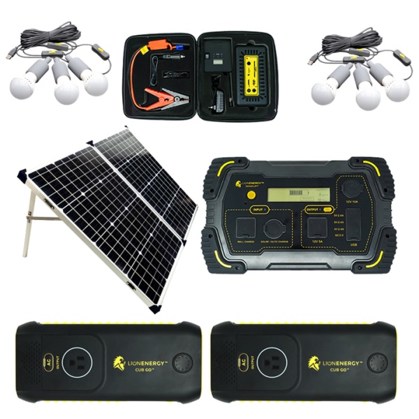 A Lion Energy Tailgating Kit, which includes solar panels, batteries, and other items.