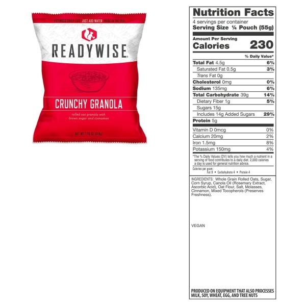 A bag of ReadyWise (formerly Wise Food Storage) 720 Servings of Ready Wise Emergency Survival Food Storage (SHIPS IN 1-2 WEEKS) granola chips on a white background.