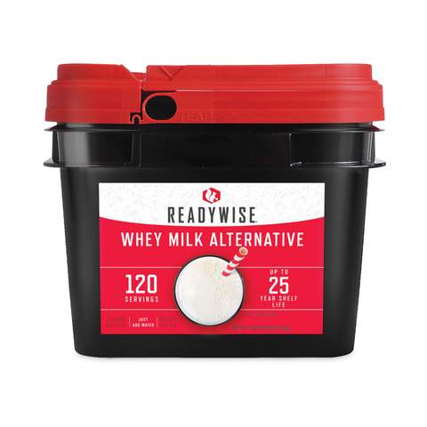 ReadyWise (formerly Wise Food Storage) 120 Servings Emergency Whey Milk Alternative (SHIPS IN 1-2 WEEKS) in a red bucket.