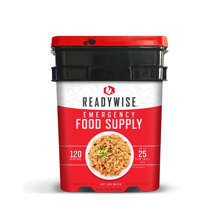 A bucket of ReadyWise (formerly Wise Food Storage) 120 Serving Emergency Food Supply (SHIPS IN 1-2 WEEKS) on a white background.