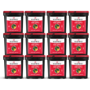 A set of ten ReadyWise (formerly Wise Food Storage) 1440 Serving Freeze-Dried Vegetable Bundles with a red lid.