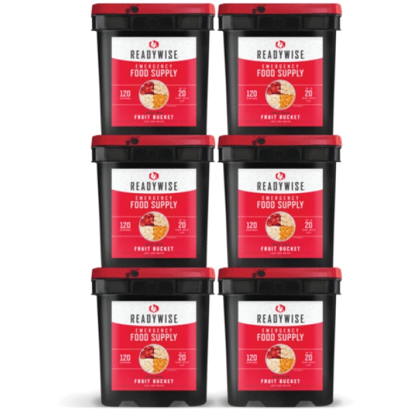 A set of five ReadyWise (formerly Wise Food Storage) 720 Serving Freeze-Dried Fruit Bundle (SHIPS IN 1-2 WEEKS) with red lids.