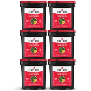 A set of five ReadyWise (formerly Wise Food Storage) 720 Serving Freeze-Dried Vegetable Bundle (SHIPS IN 1-2 WEEKS) with red lids.