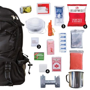 A ReadyWise Black 64 Piece Survival Backpack Bug Out Bag - (SHIPS IN 1-2 WEEKS) with a variety of items in it.