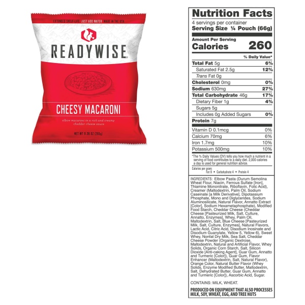 Readywise (formerly Wise Food Storage) 240 Serving Package of Long Term Emergency Food Supply (SHIPS IN 1-2 WEEKS) cheesy macaroni and cheese chips.