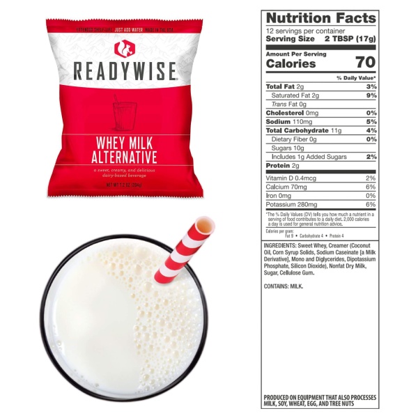 A bag of ReadyWise (formerly Wise Food Storage) 240 Servings Emergency Whey Milk Alternative Bundle and a glass of milk.