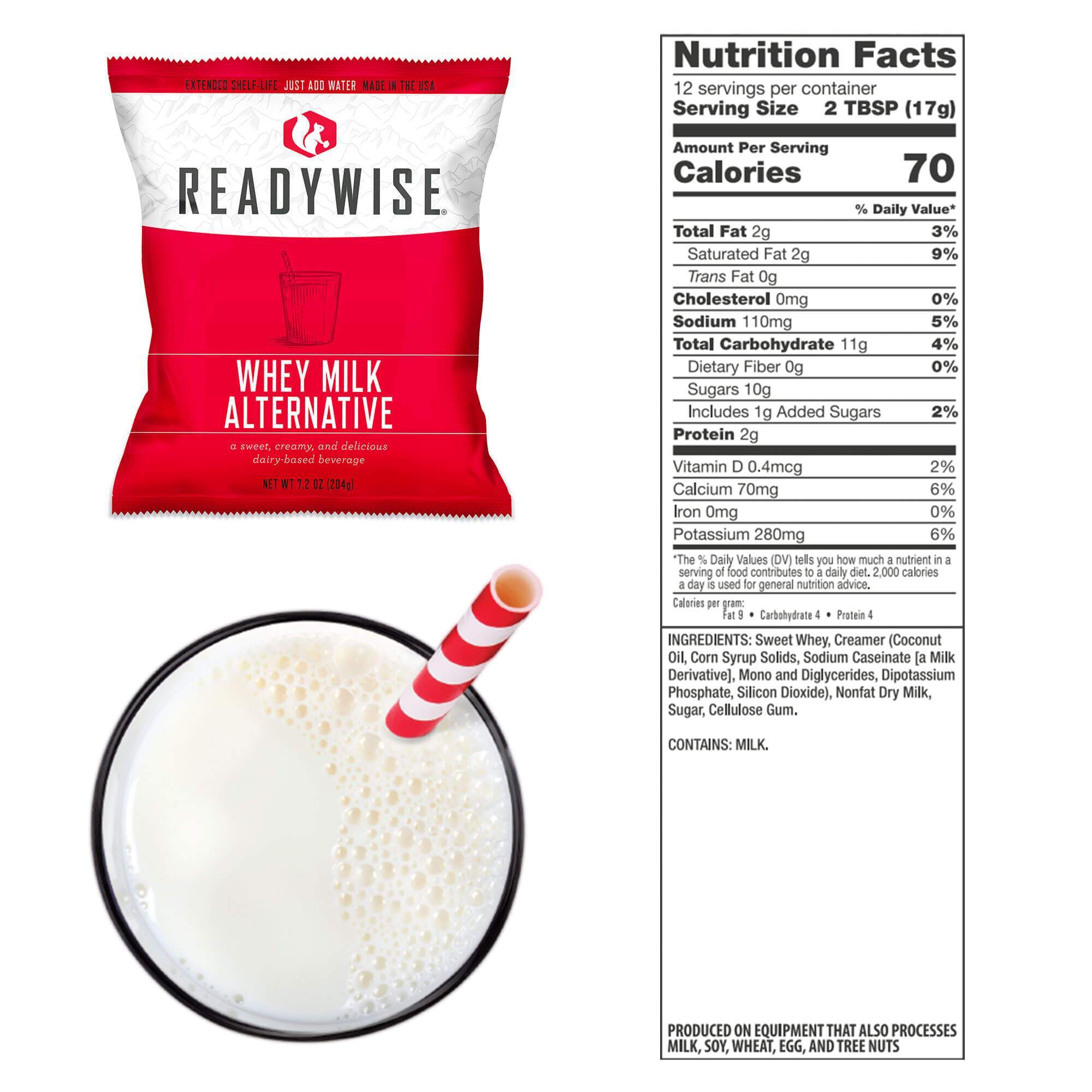 A bag of ReadyWise (formerly Wise Food Storage) 240 Servings Emergency Whey Milk Alternative Bundle and a glass of milk.