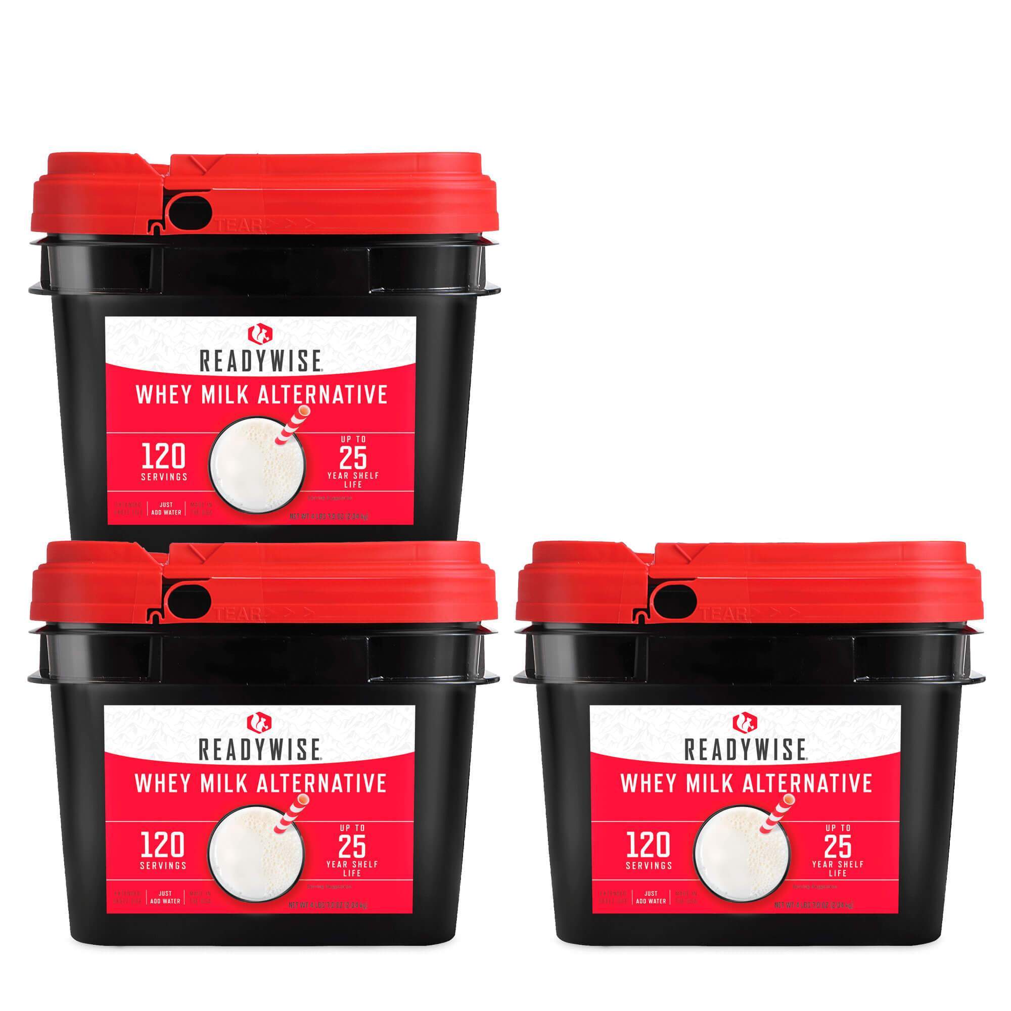 Three buckets of ReadyWise (formerly Wise Food Storage) 360 Servings Emergency Whey Milk Alternative Bundle (SHIPS IN 1-2 WEEKS) on a white background.