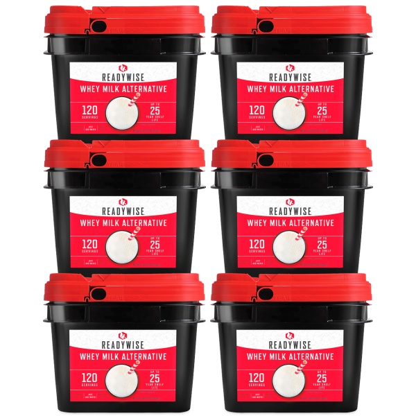 A set of ReadyWise (formerly Wise Food Storage) 720 Servings Emergency Whey Milk Alternative Bundles with red lids.