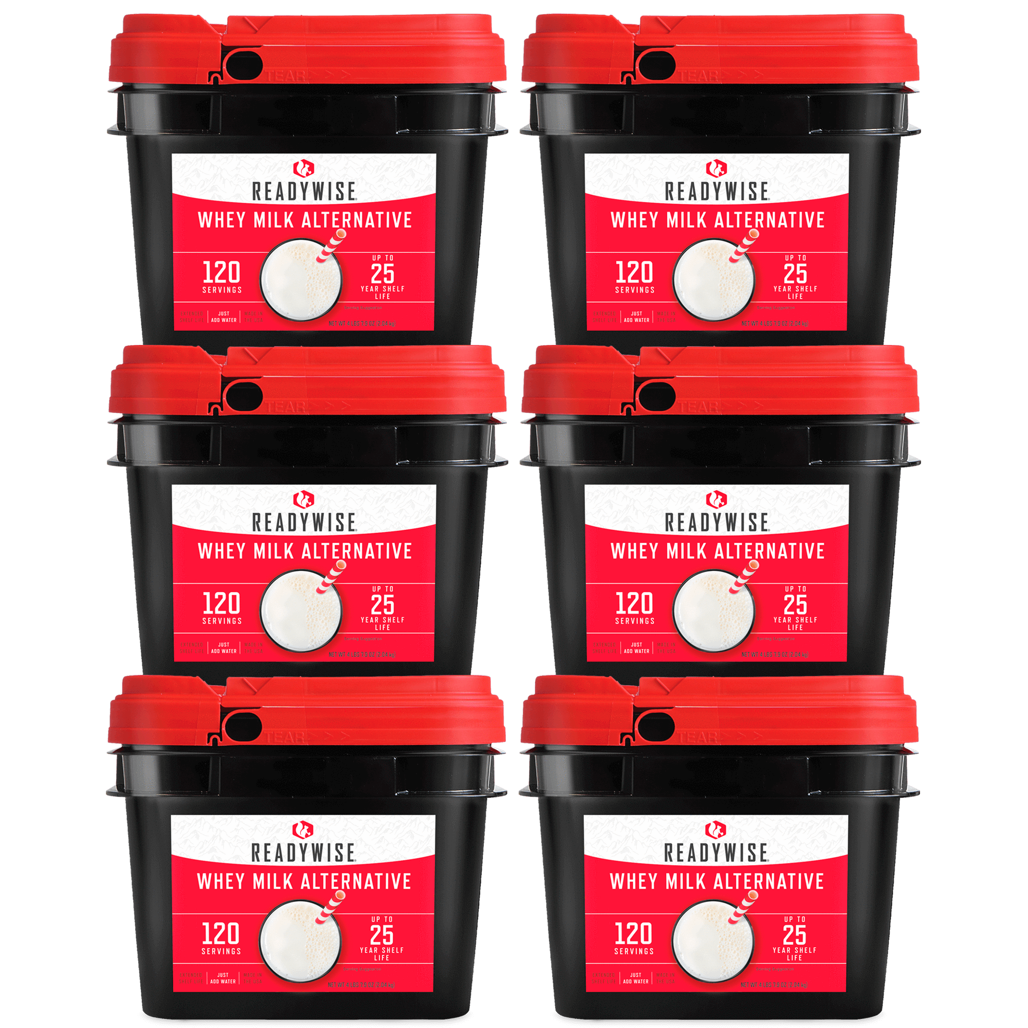 A set of ReadyWise (formerly Wise Food Storage) 720 Servings Emergency Whey Milk Alternative Bundles with red lids.