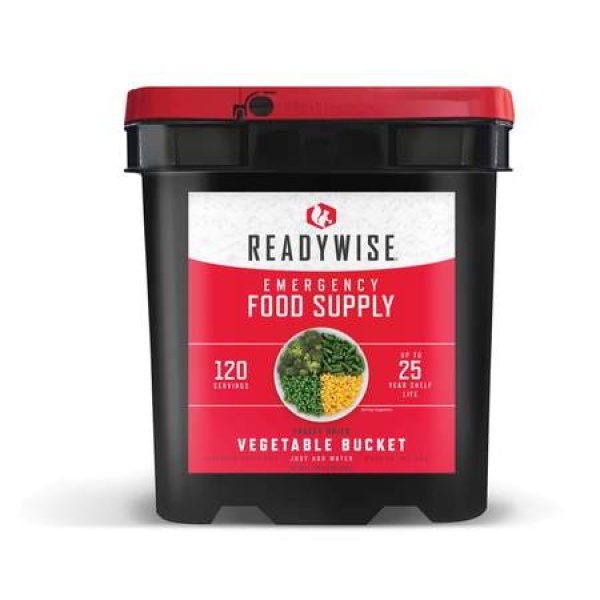 A bucket of ReadyWise (formerly Wise Food Storage) 240 Serving Freeze-Dried Vegetable Bundle (SHIPS IN 1-2 WEEKS) food supply.