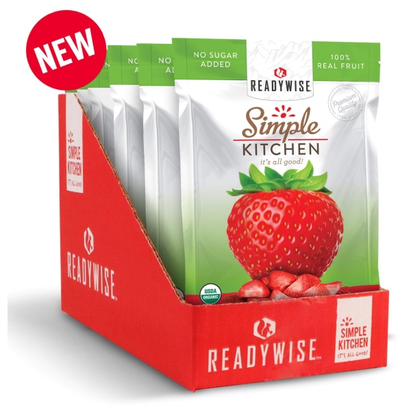 A box of ReadyWise (formerly Wise Food Storage) Simple Kitchen Organic Freeze-Dried Strawberries - 6 Pack (SHIPS IN 1-2 WEEKS).