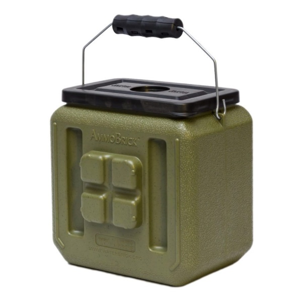 A Half AmmoBrick Olive by WaterBrick - 5-Pack - (SHIPS IN 1-4 WEEKS) with a handle on it.