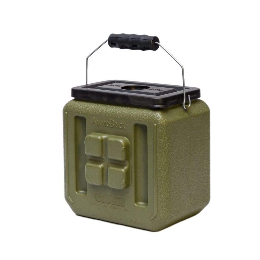 A Half AmmoBrick Olive by WaterBrick - 5-Pack - (SHIPS IN 1-4 WEEKS) with a handle on it.