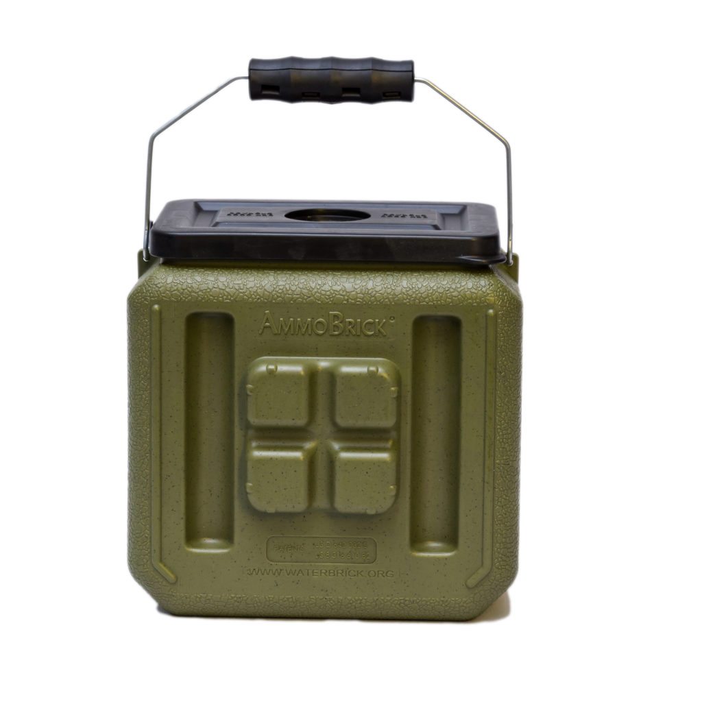 A Half AmmoBrick Olive by WaterBrick - 5-Pack - (SHIPS IN 1-4 WEEKS) cooler with a handle on it.