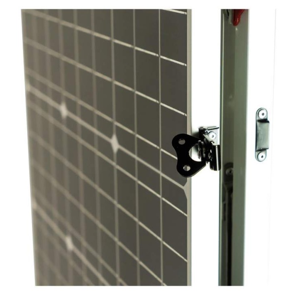 A close up of a Lion Energy 100W 12V solar panel on a white background.