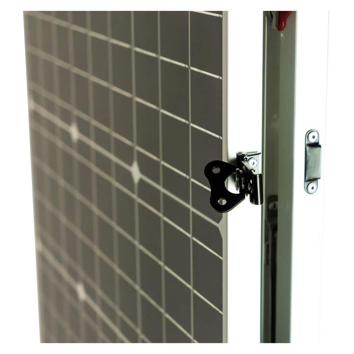 A close up of a Lion Energy 100W 12V solar panel on a white background.