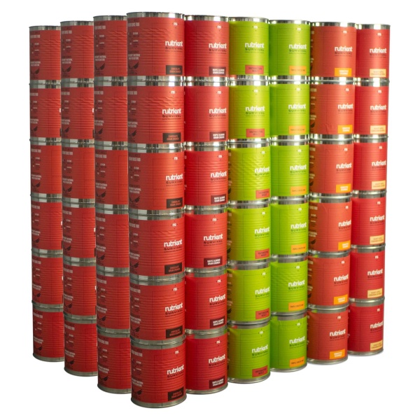 A stack of *Nutrient Survival 1-Year Food Supply for 1 Person - 144 #10 Cans - 1728 Servings - Non-GMO, Vegetarian - (SHIPS IN 3-6 WEEKS) stacked on top of each other.
