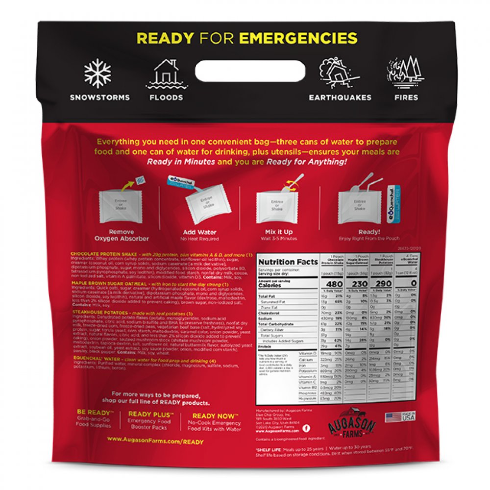 A bag of Augason Farms READY 24-Hour 1-Person Emergency Food Supply READY NOW (Steakhouse Potatoes) - (SHIPS IN 1-2 WEEKS) ready for emergencies.