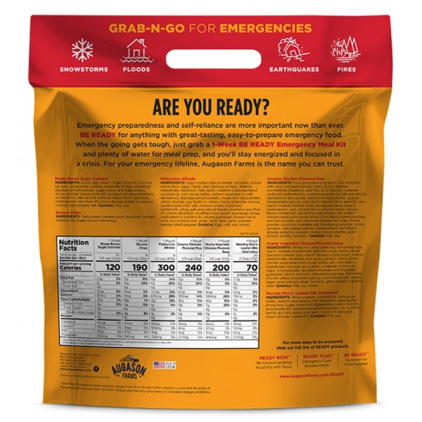 The back of a Augason Farms READY 1-Week 1-Person Emergency Food Supply - (SHIPS IN 1-2 WEEKS) with the words are you ready.