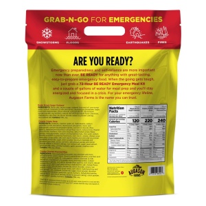 The back of a bag of Augason Farms 72-Hour 1-Person BE READY Emergency Meals for emergencies.