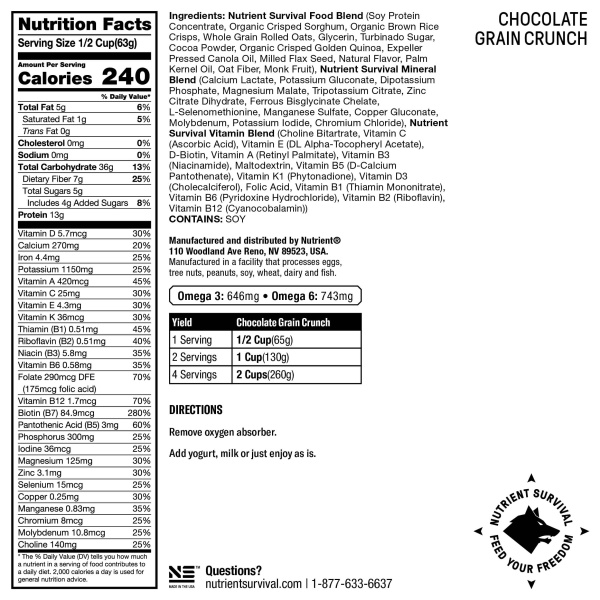 Nutrient Survival CHOCOLATE GRAIN CRUNCH SINGLES - (SHIPS IN 2-4 WEEKS) nutrition label.