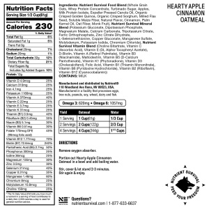 The back of a nutrition label for Nutrient Survival HEARTY APPLE CINNAMON OATMEAL SINGLES - (SHIPS IN 2-4 WEEKS).