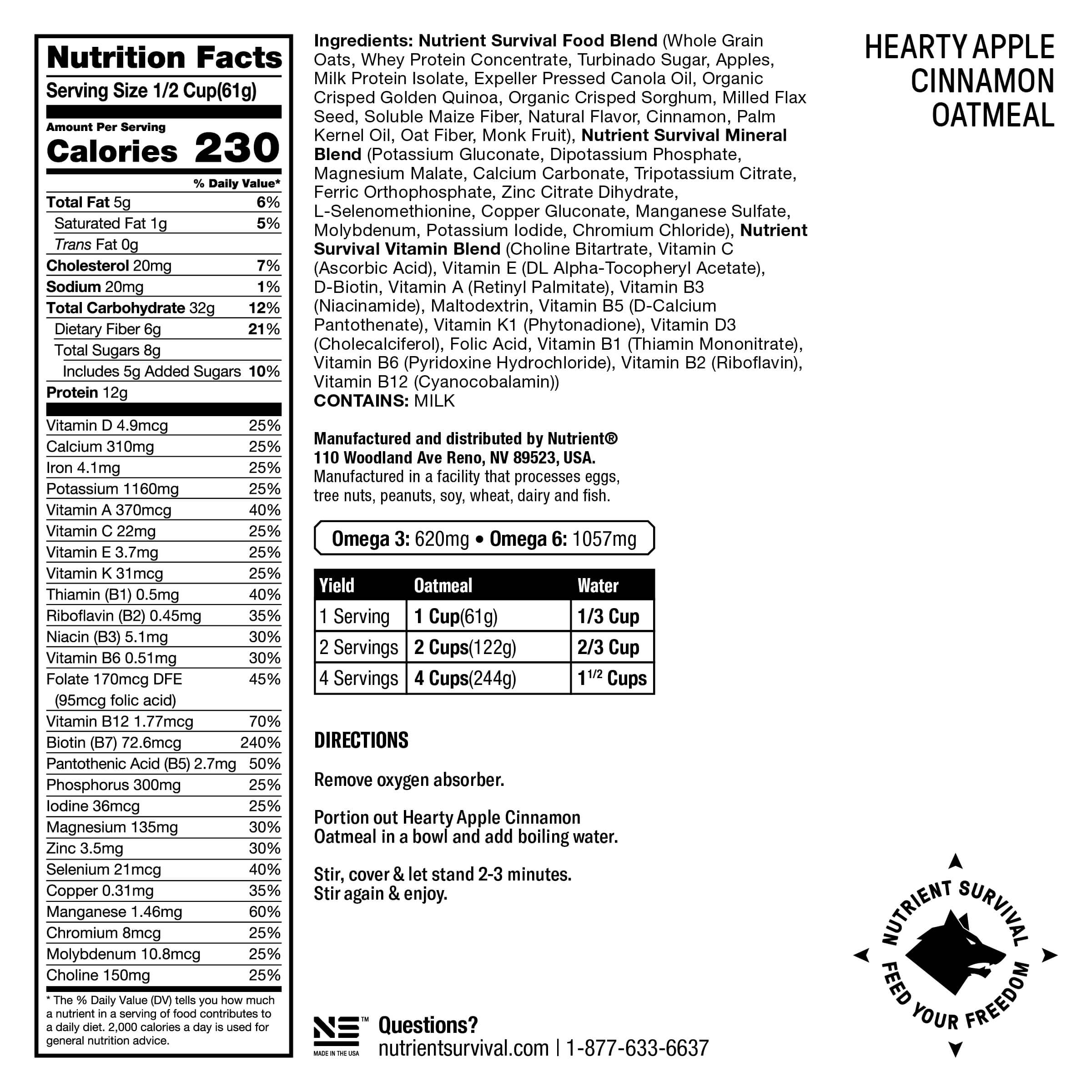 The back of a nutrition label for Nutrient Survival HEARTY APPLE CINNAMON OATMEAL SINGLES - (SHIPS IN 2-4 WEEKS).