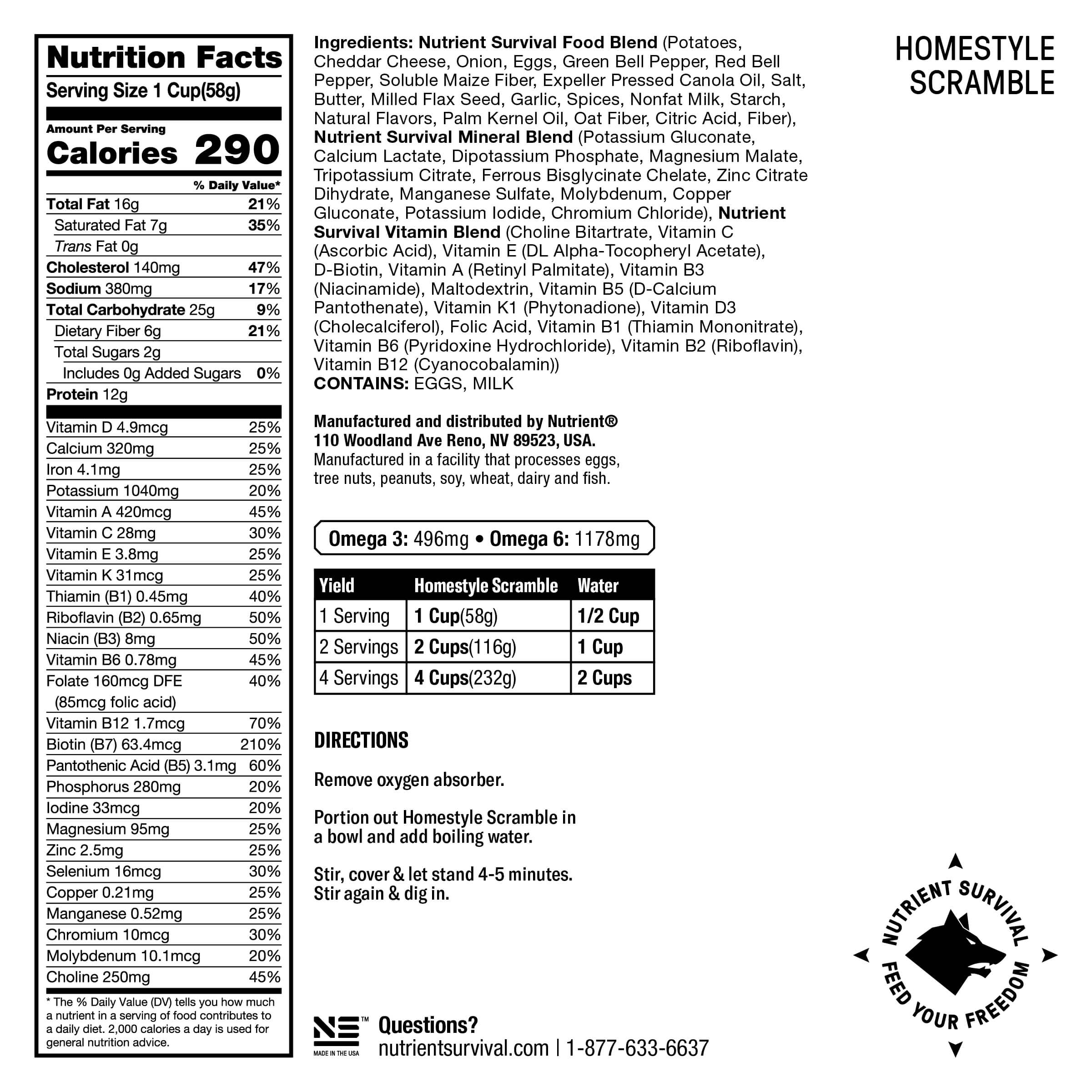 The back of a nutrition label for Nutrient Survival HOMESTYLE SCRAMBLE SINGLES - (SHIPS IN 2-4 WEEKS).
