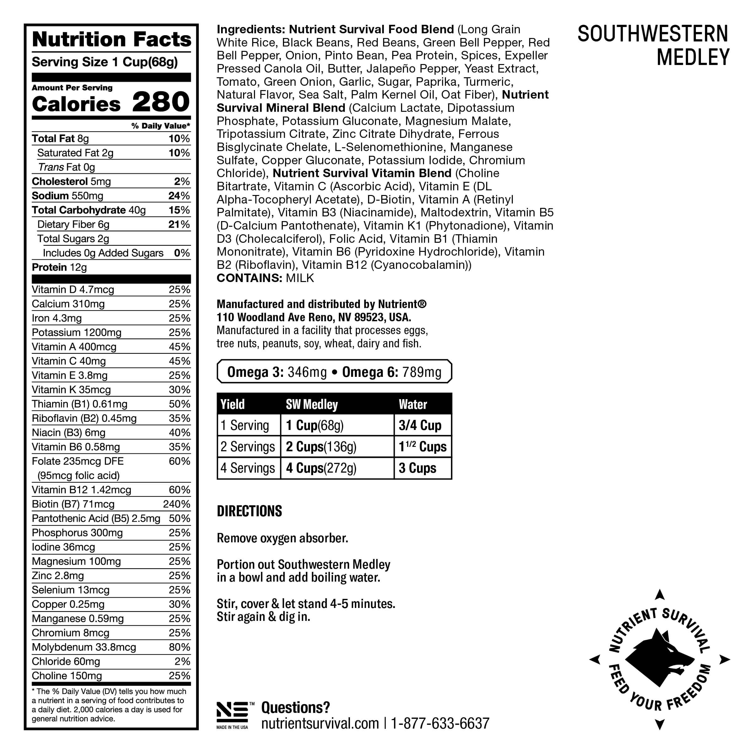 The back of the Nutrient Survival SOUTHWESTERN MEDLEY SINGLES - (SHIPS IN 2-4 WEEKS) nutrition label for southern haley.