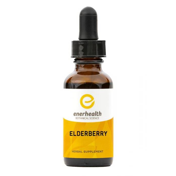 A bottle of Enerhealth Botanicals ELDERBERRY EXTRACT 2oz Bottle - (SHIPS IN 1-2 WEEKS) on a white background.