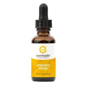 A bottle of Enerhealth Botanicals SPAGYRIC REISHI EXTRACT 2oz Bottle - (SHIPS IN 1-2 WEEKS) rests on a white background.