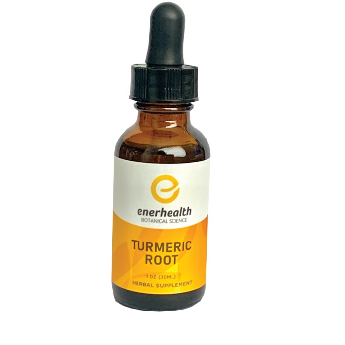 A bottle of Enerhealth Botanicals TURMERIC ROOT EXTRACT - 2 Ounces - (SHIPS IN 1-2 WEEKS) on a white background.