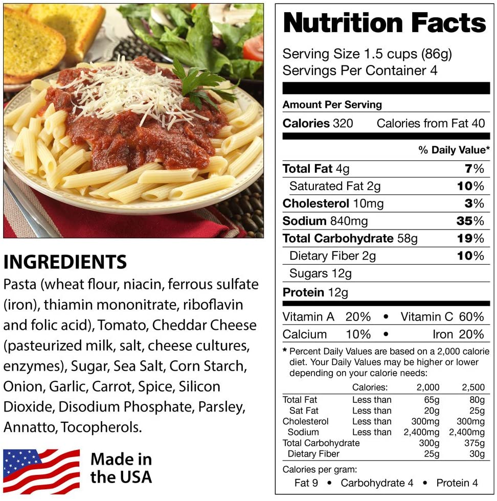 A nutrition label for Legacy Food Storage Emergency Survival Food Storage - 60 Large Servings - (SHIPS IN 1-2 WEEKS) spaghetti and meatballs.