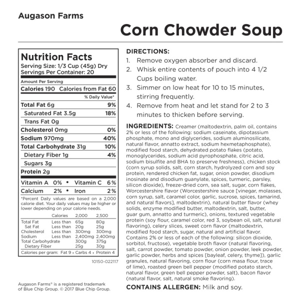 Augason Farms Corn Chowder Soup #10 Can - 20 Servings - (SHIPS IN 1-2 WEEKS) nutrition label.