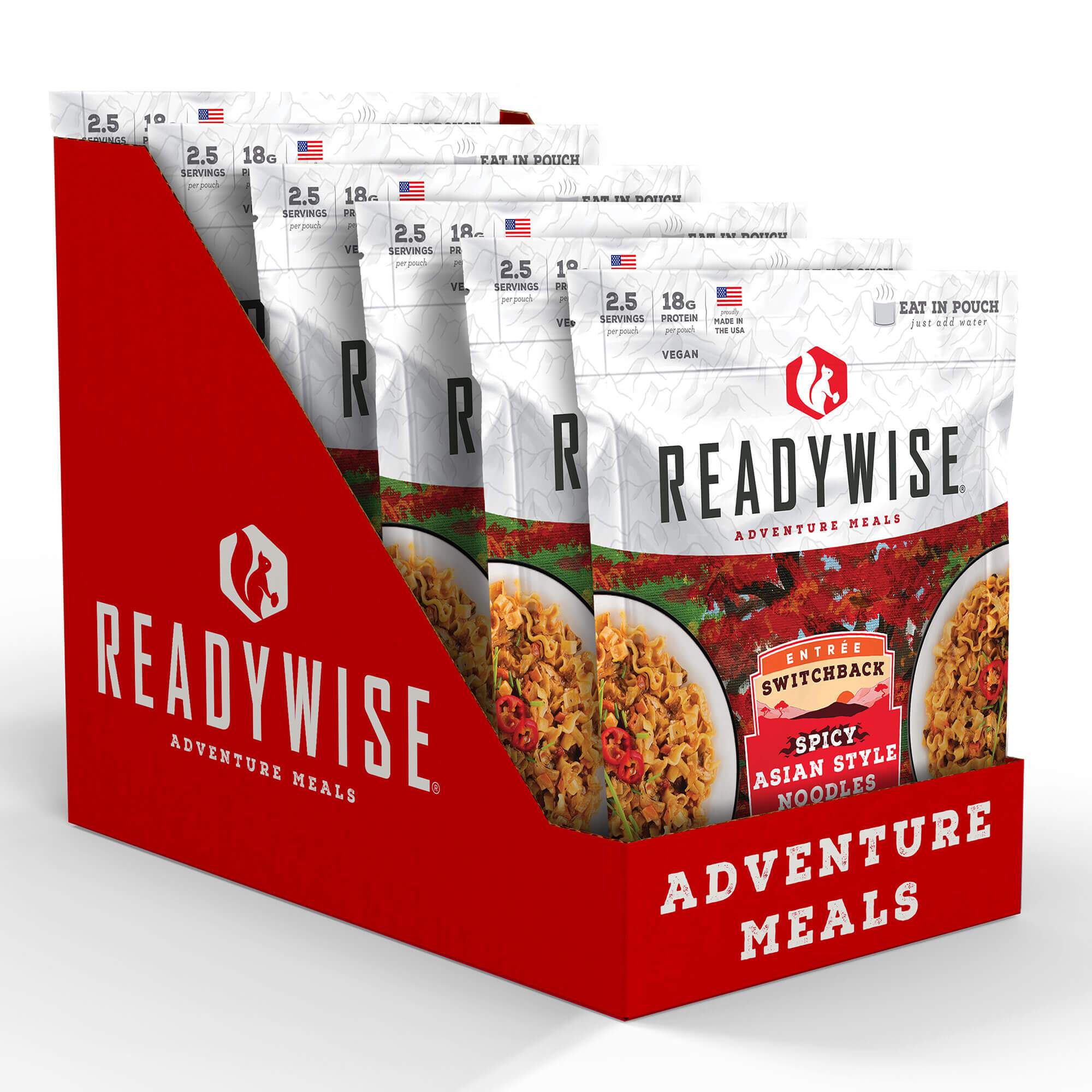 A red and white display case with a group of ReadyWise (formerly Wise Food Storage) Switchback Spicy Asian Style Noodles - 6 Pack (SHIPS IN 1-2 WEEKS).