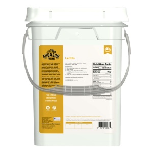 A white Augason Farms Lentils 40lb 4 Gallon Pail with a handle on it - 231 Serving Bucket (SHIPS IN 1-2 WEEKS).