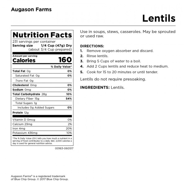 Augason Farms Lentils 40lb 4 Gallon Pail - 231 Serving Bucket - (SHIPS IN 1-2 WEEKS) nutrition facts.