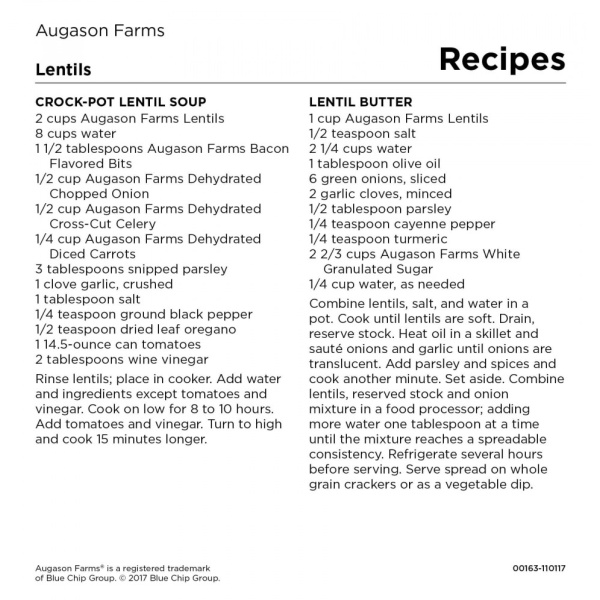 A recipe for Augason Farms Lentils 40lb 4 Gallon Pail - 231 Serving Bucket - (SHIPS IN 1-2 WEEKS).