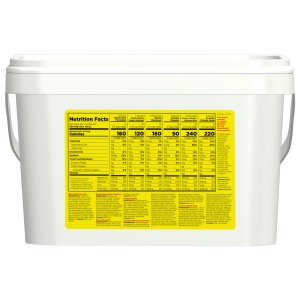 A white Augason Farms 48-Hour 4-Person Survival Pail with 5 Meal Varieties - 55 Servings - (SHIPS IN 1-2 WEEKS) bucket with a yellow label on it.
