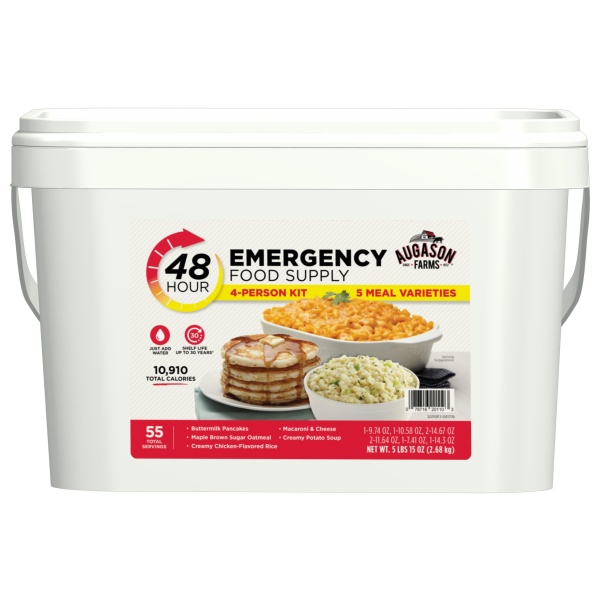 The Augason Farms 48-Hour 4-Person Survival Pail with 5 Meal Varieties - 55 Servings - (SHIPS IN 1-2 WEEKS) is shown on a white background.
