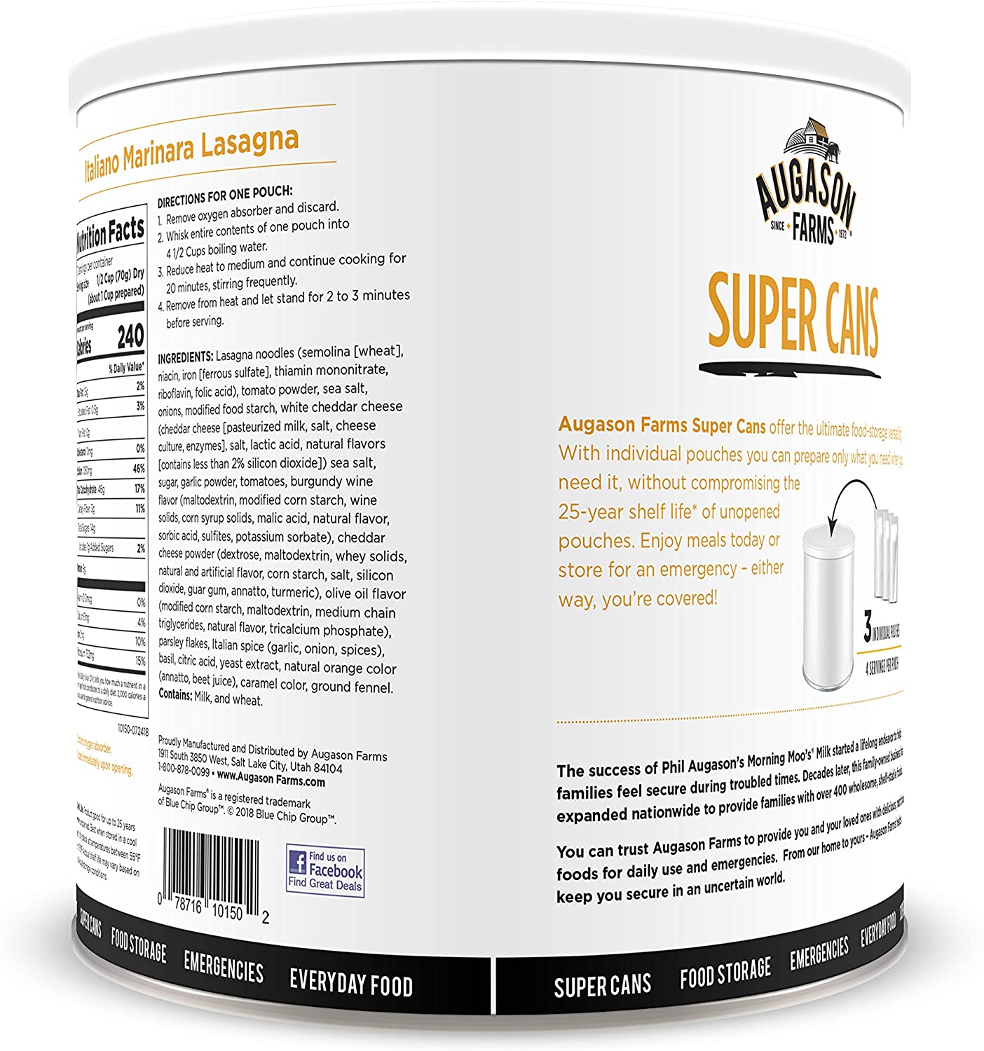 The back of a tin of Augason Farms Marinara Lasagna Super #10 Can - 12 Servings - (SHIPS IN 1-2 WEEKS) protein powder.